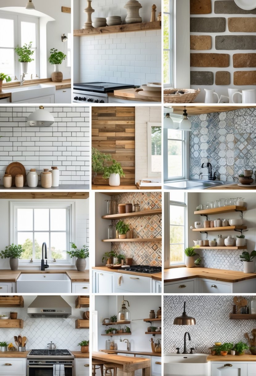 A bright farmhouse kitchen featuring multiple different backsplash designs displayed on the walls behind the countertops and sink.