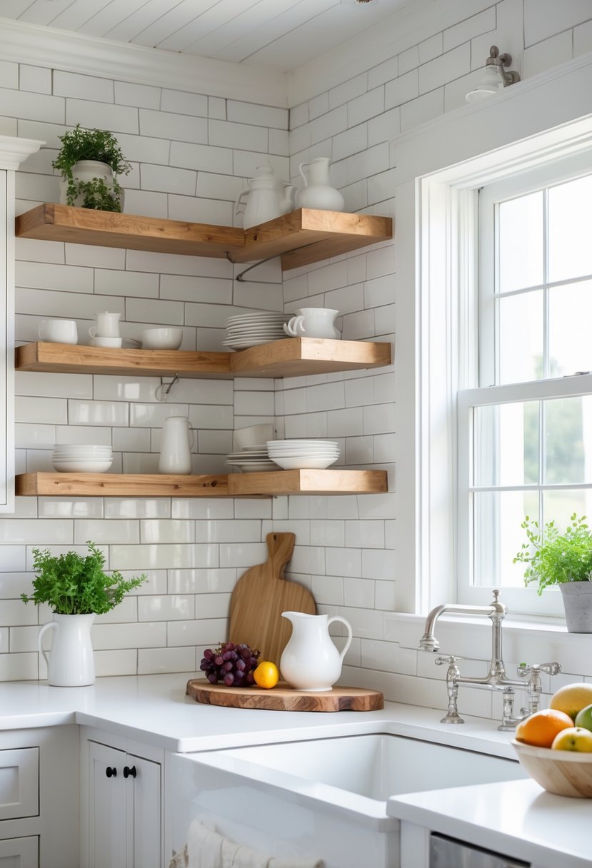 A bright kitchen with white subway tile backsplash, wooden cabinets, and natural light coming through a window.