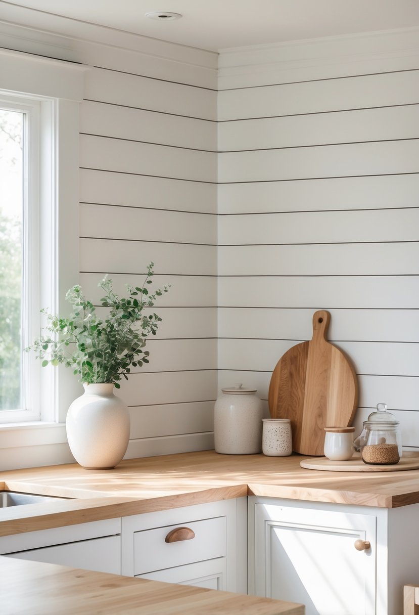 A kitchen countertop with a white wooden backsplash, a vase with greenery, and kitchen accessories.