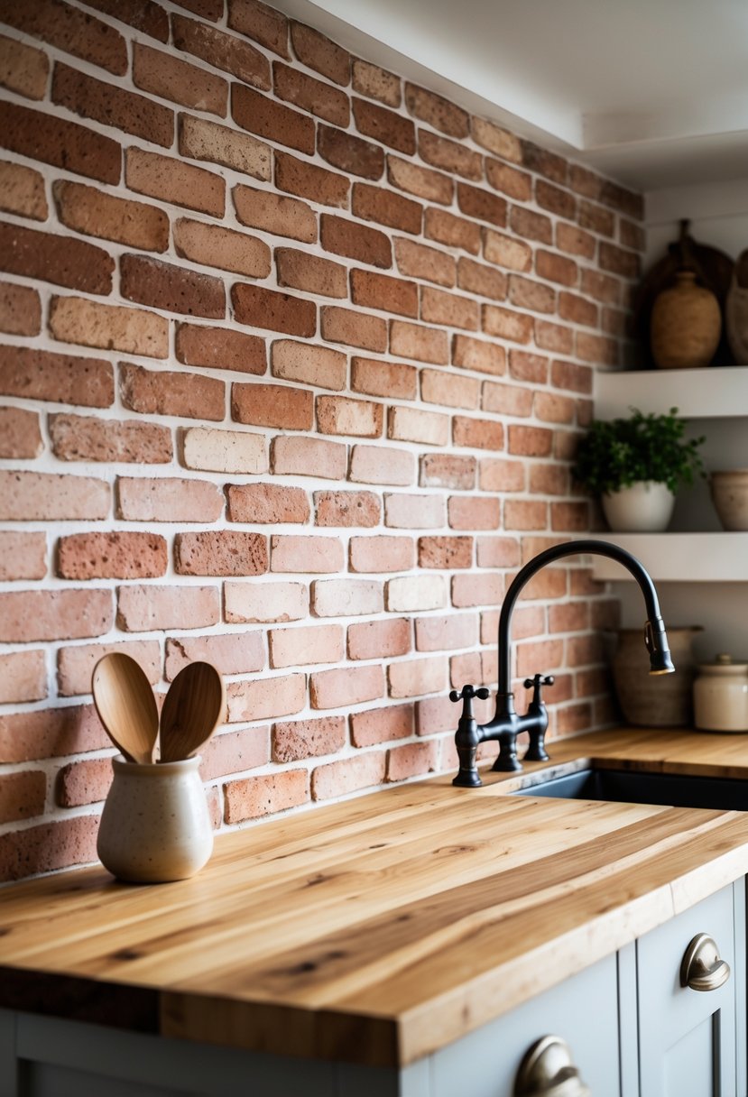 A farmhouse kitchen with a brick backsplash, wooden countertop, and kitchen accessories including a utensil holder and potted herb plant.