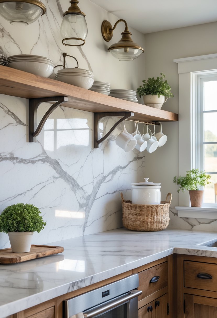 A farmhouse kitchen with a marble slab backsplash, wooden countertop, and open shelves with dishes and decor.