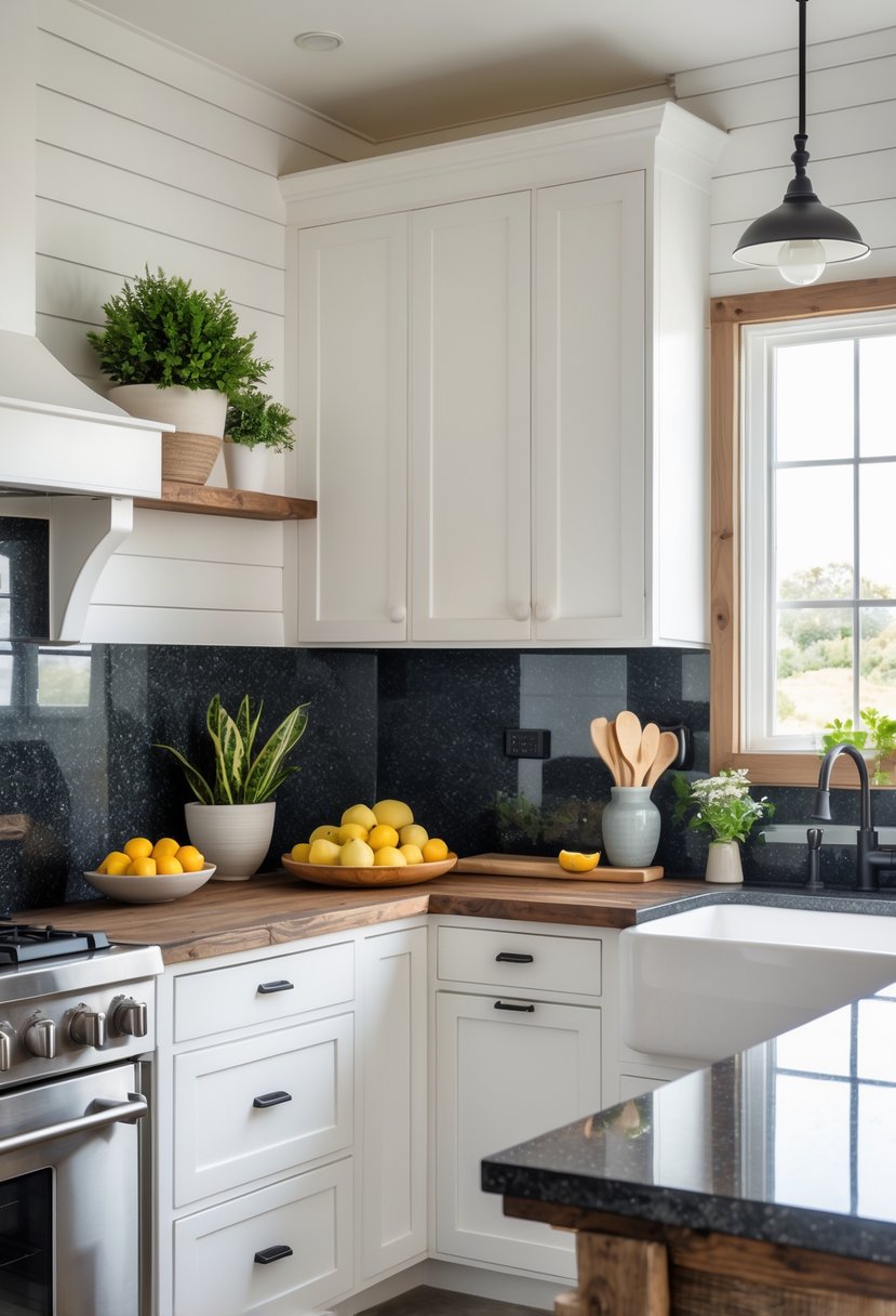 A bright farmhouse kitchen with white cabinets, wooden countertops, and a dark granite backsplash behind the stove.