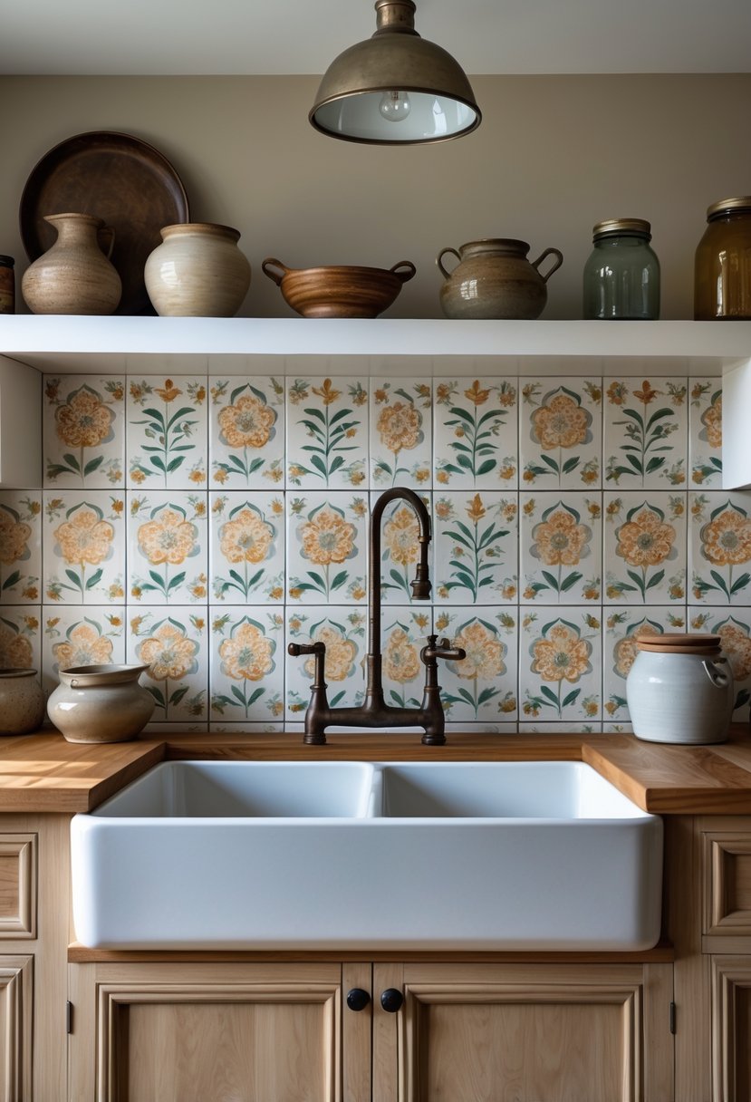 A kitchen with a floral ceramic tile backsplash behind a farmhouse sink and wooden countertops.