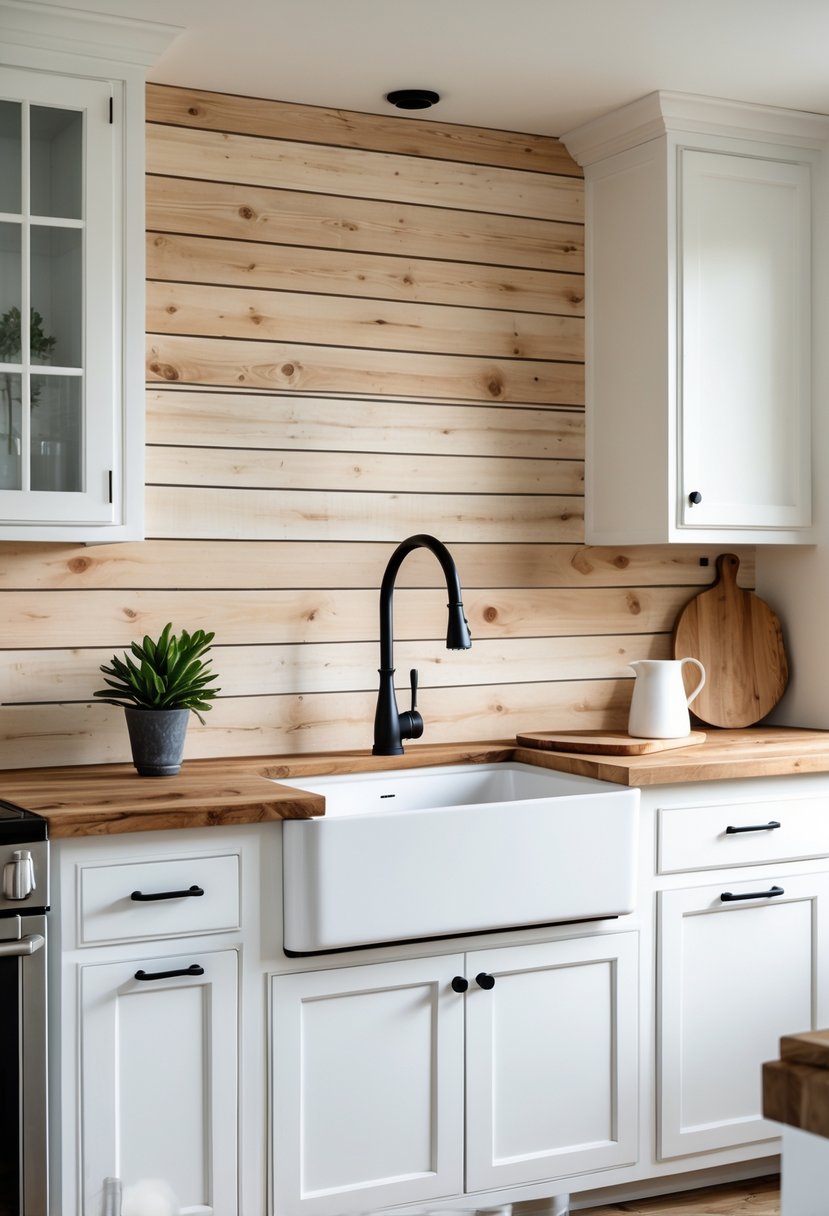 A kitchen with a wood plank backsplash, white cabinets, a farmhouse sink, and wooden countertops.