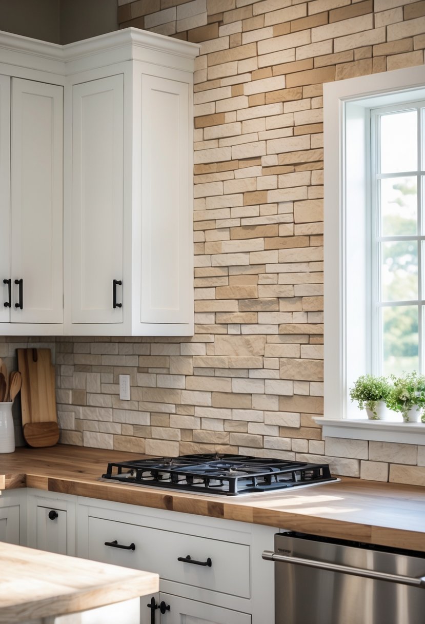 A kitchen with a stone tile backsplash, white cabinets, wooden countertop, and stainless steel appliances.
