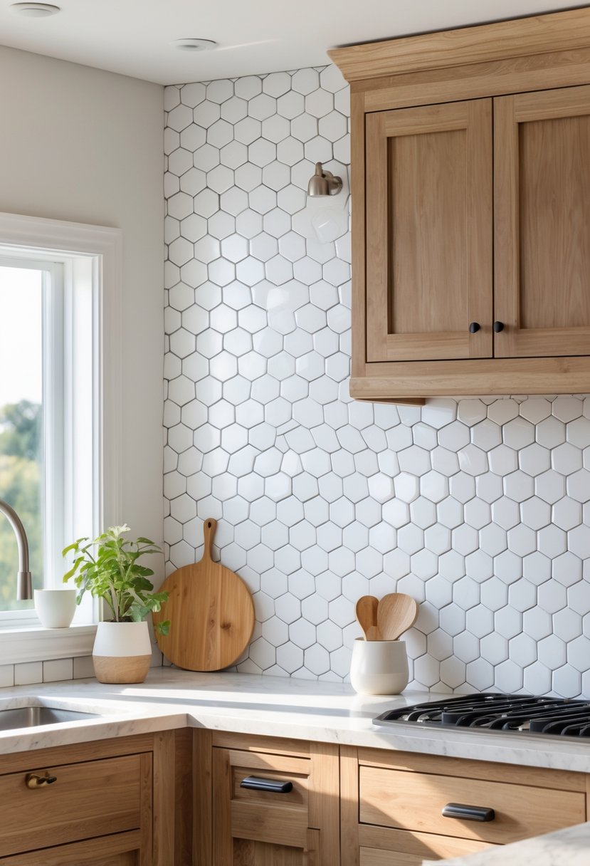 A kitchen with a hexagon patterned tile backsplash, wooden cabinets, and a white countertop.