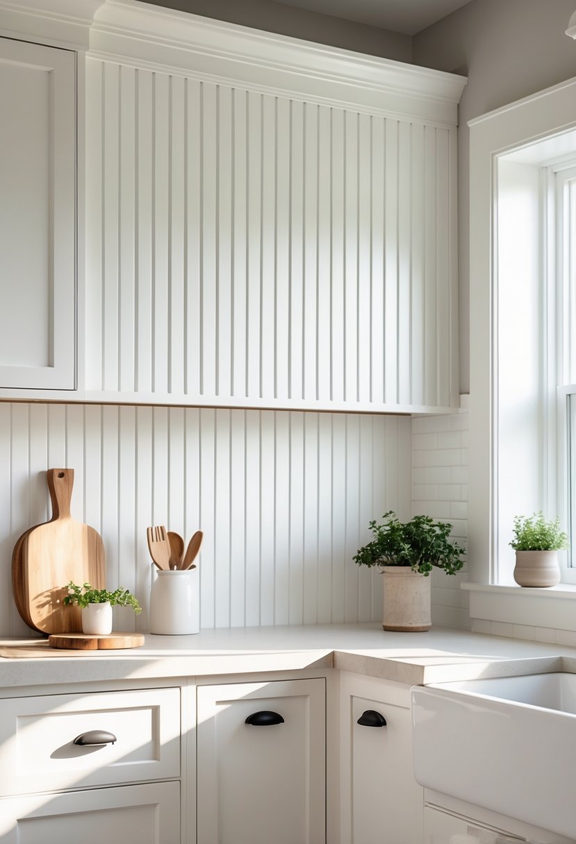 A kitchen countertop with a white beadboard panel backsplash and light-colored cabinets.