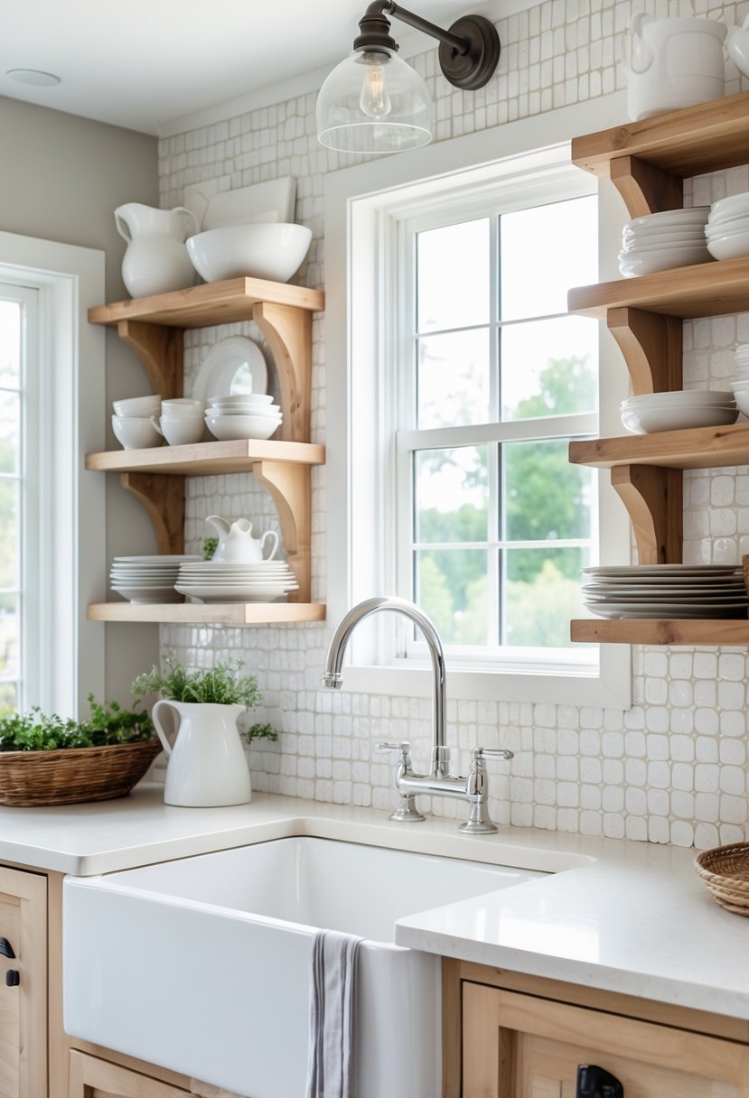 Bright kitchen with white round tile backsplash, wooden cabinets, farmhouse sink, and open shelves with dishes.