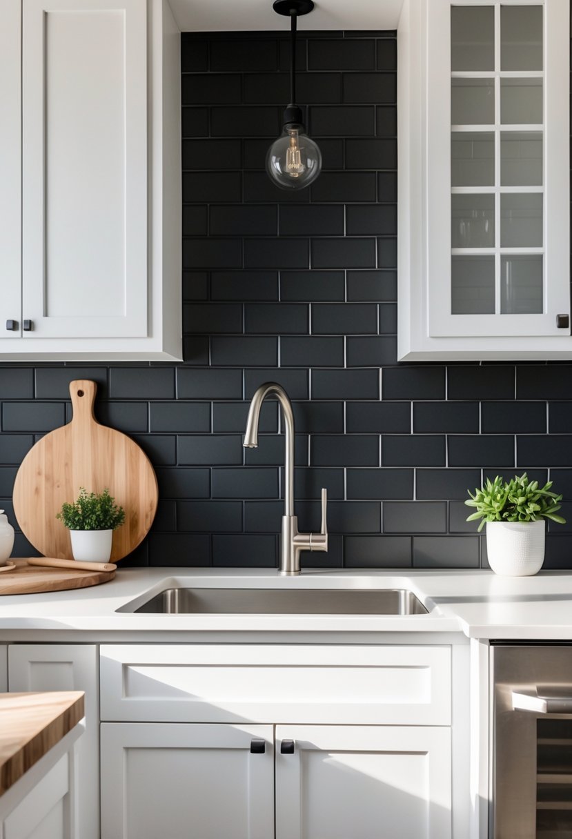 A kitchen with matte black subway tile backsplash, white cabinets, and a light countertop with kitchen accessories.