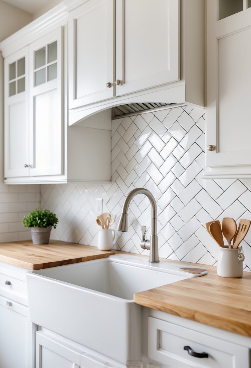 A bright kitchen with white herringbone tile backsplash, wooden countertops, and a farmhouse sink.