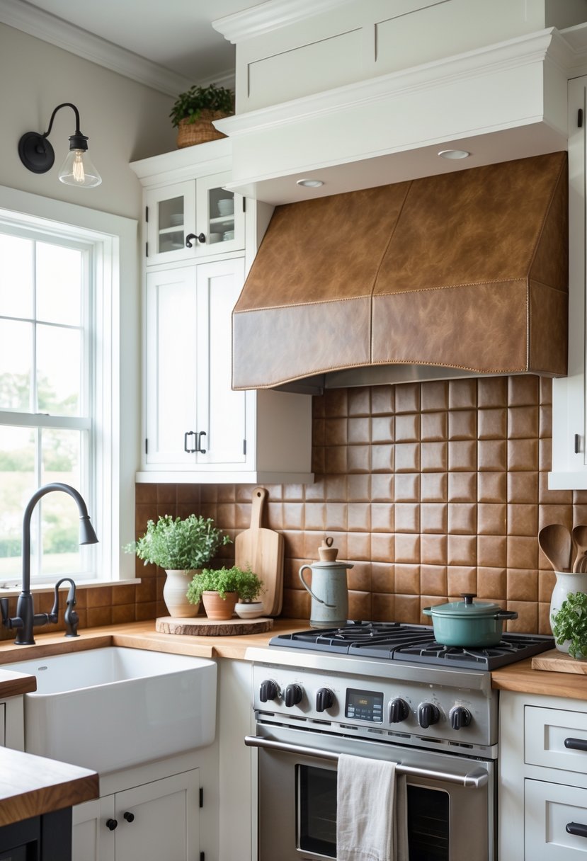 A bright kitchen with white cabinets, wooden countertops, and a brown textured tile backsplash behind the stove and sink.