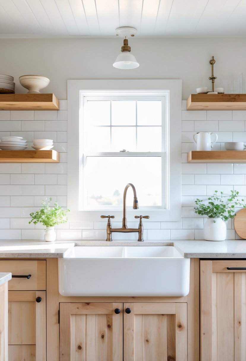 A farmhouse kitchen with a glossy white ceramic subway tile backsplash, wooden cabinets, a farmhouse sink, and a light stone countertop.