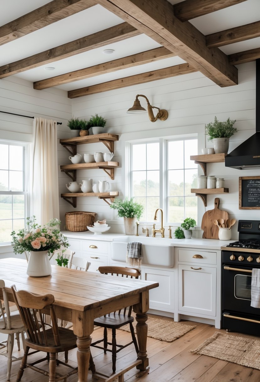 A bright farmhouse kitchen with wooden beams, a large wooden table, open shelves with dishes, potted plants, and rustic decor.