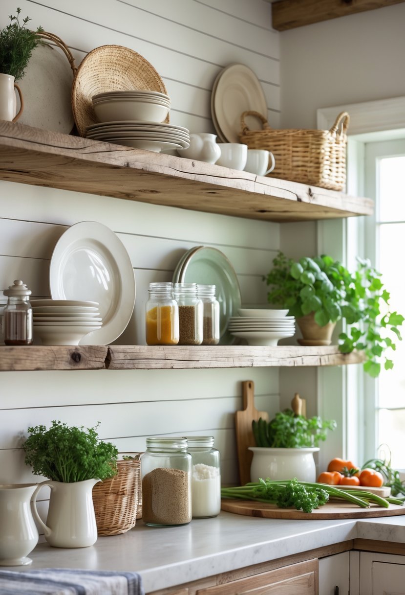 Open wooden shelves in a kitchen holding dishes, jars, baskets, and potted plants with a countertop below.