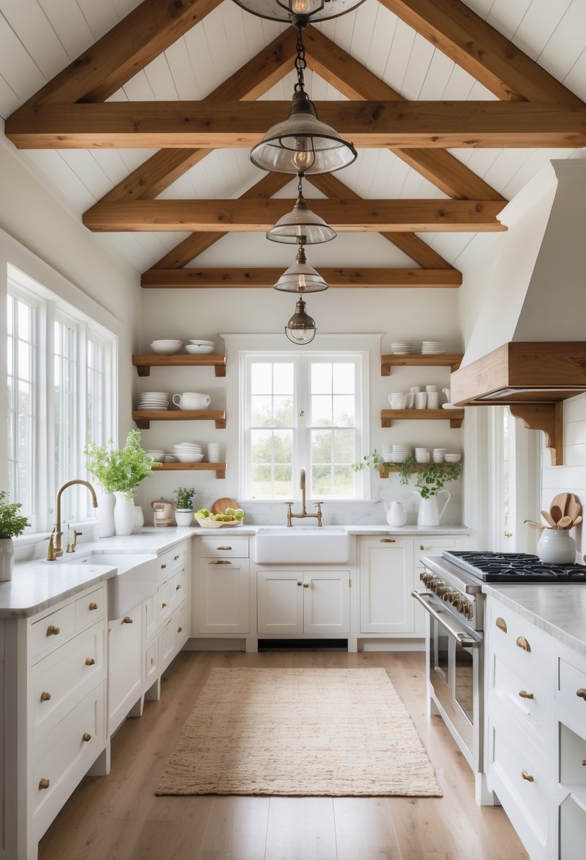 A bright kitchen with wooden ceiling beams, white cabinets, a large island, and natural light coming through windows.