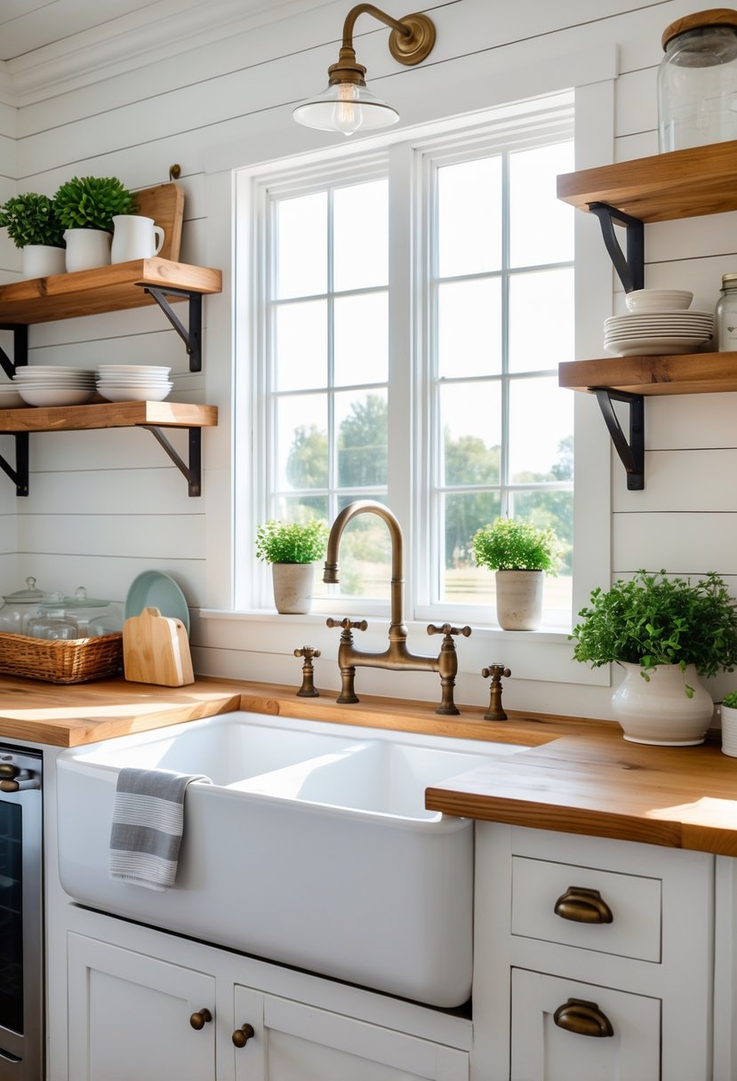 A farmhouse kitchen with a large white apron-front sink under a window, wooden countertops, open shelves with dishes, and various kitchen accessories.