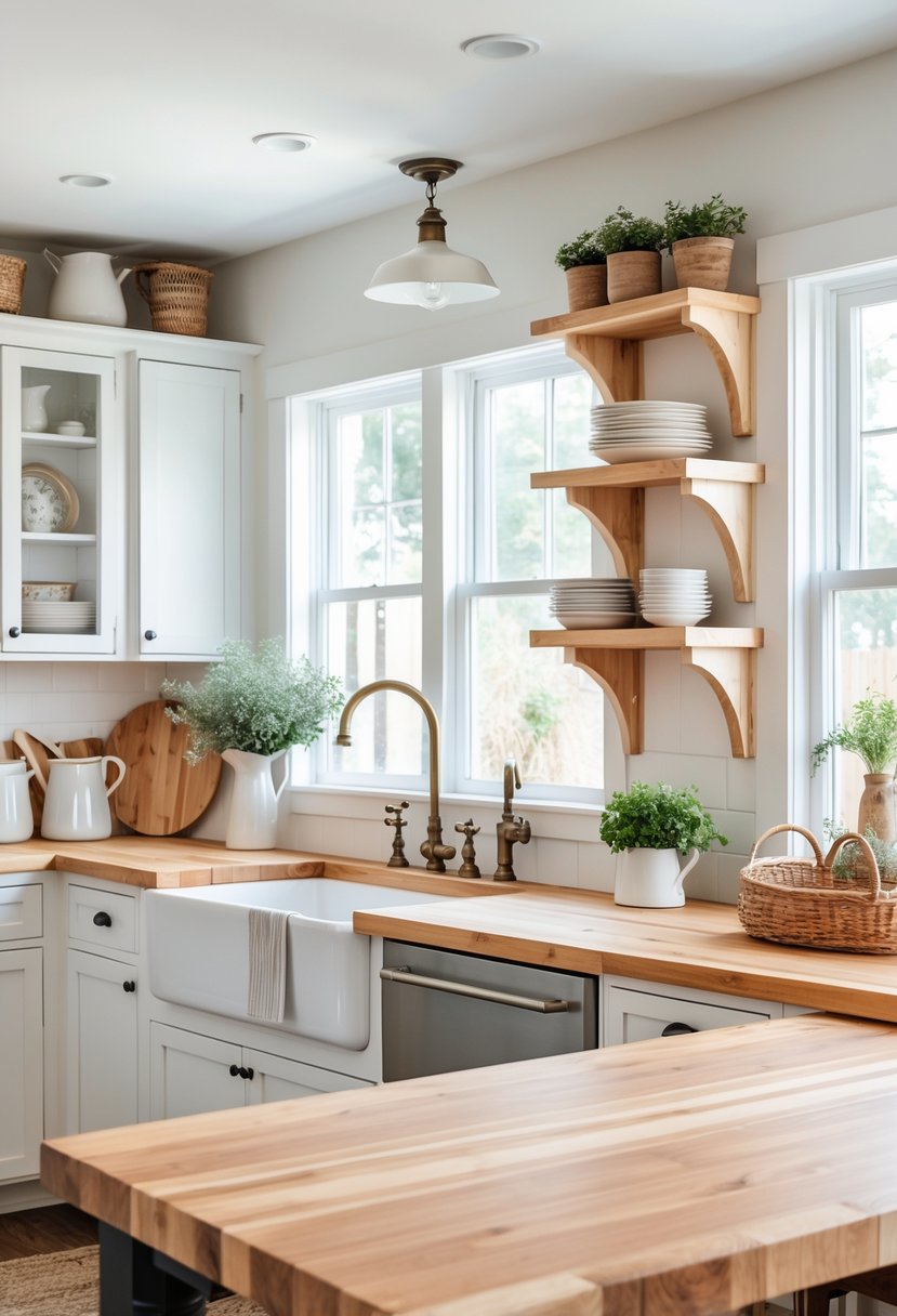 A bright kitchen with wooden butcher block countertops, white cabinets, open shelves, and a wooden dining table with chairs.