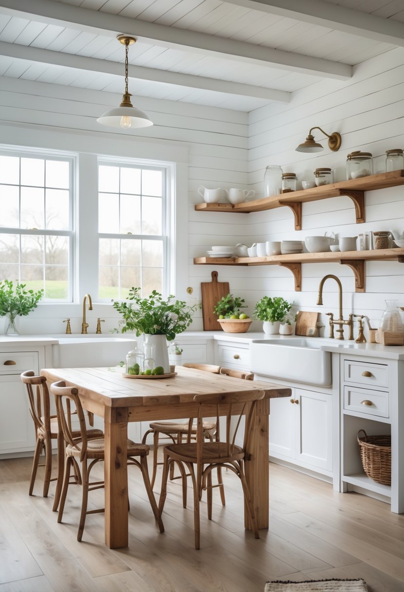 A bright farmhouse kitchen with white shiplap walls, wooden dining table, open shelves with dishes, and natural light coming through large windows.