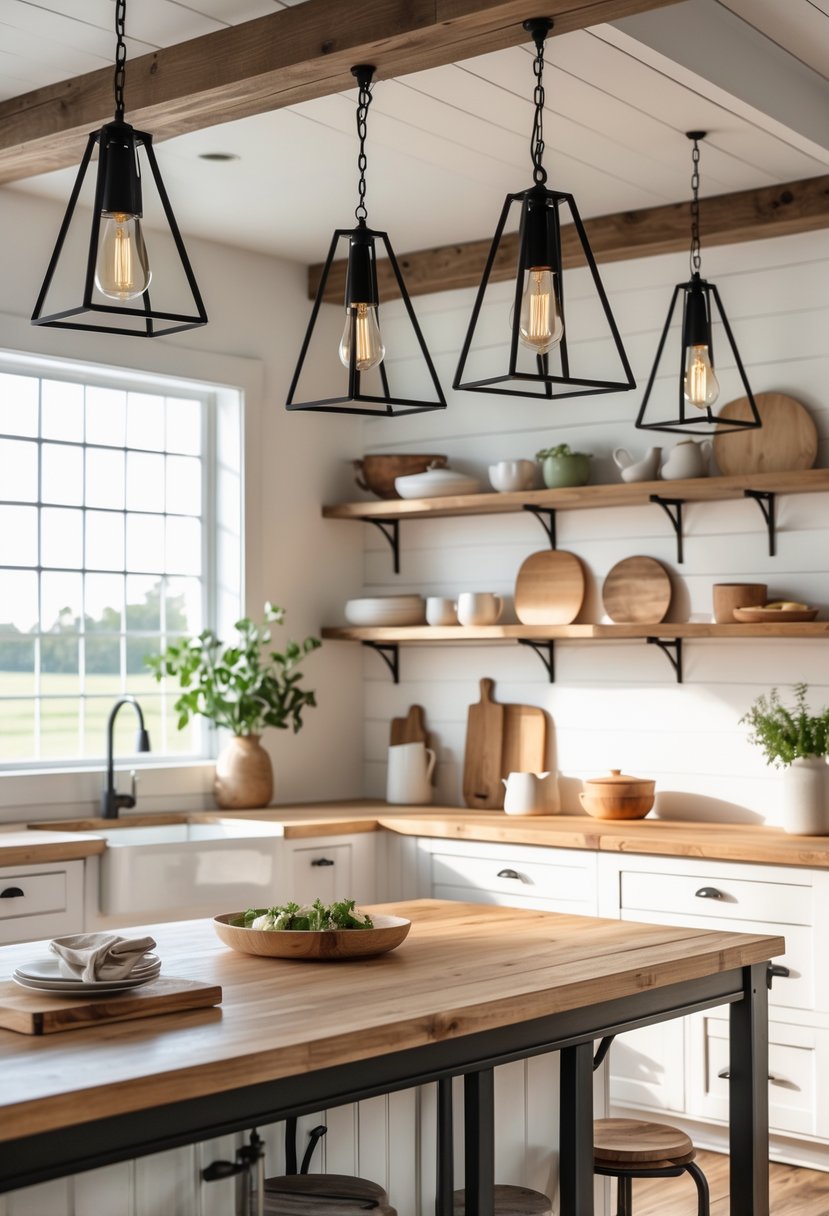 A bright kitchen with black metal hanging lights, wooden countertops, white walls, and open shelves with kitchen items.