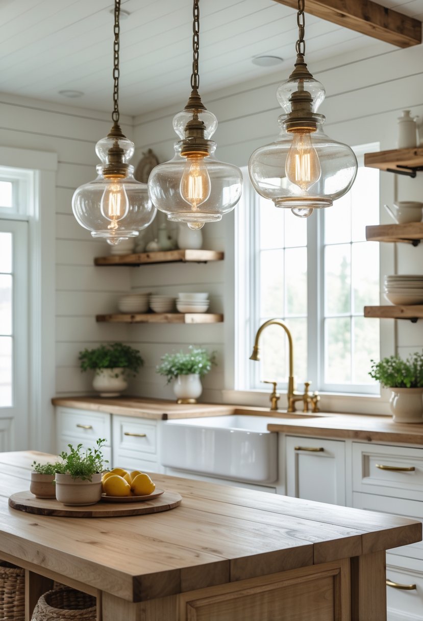 A farmhouse kitchen with glass pendant lights hanging above a wooden island, surrounded by shelves and a sink.