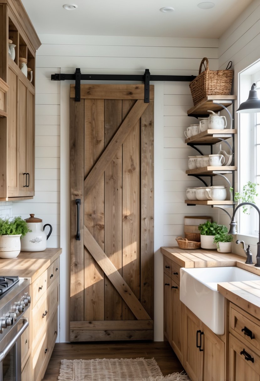 A farmhouse kitchen with a wooden barn door pantry entrance, wooden cabinets, open shelves, and natural light coming through a window.