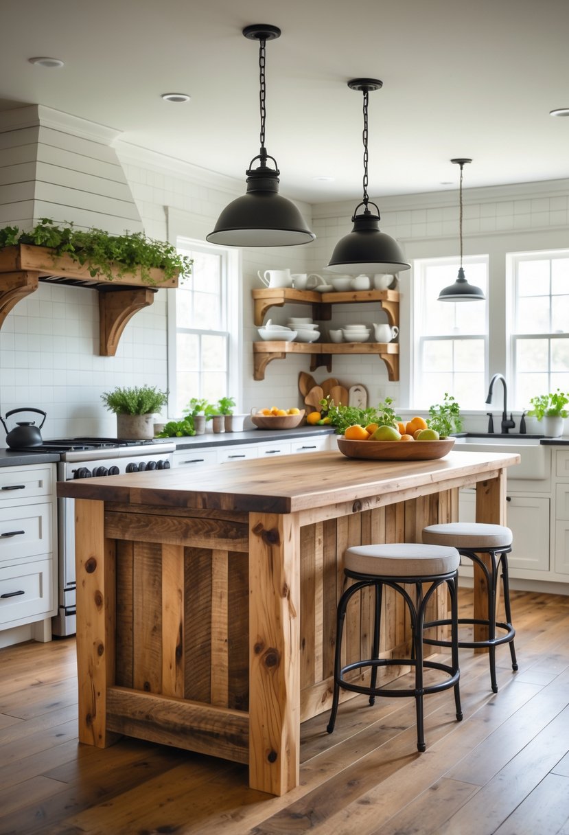 A spacious kitchen with a large reclaimed wood island surrounded by white cabinets, wooden shelves, and pendant lights.