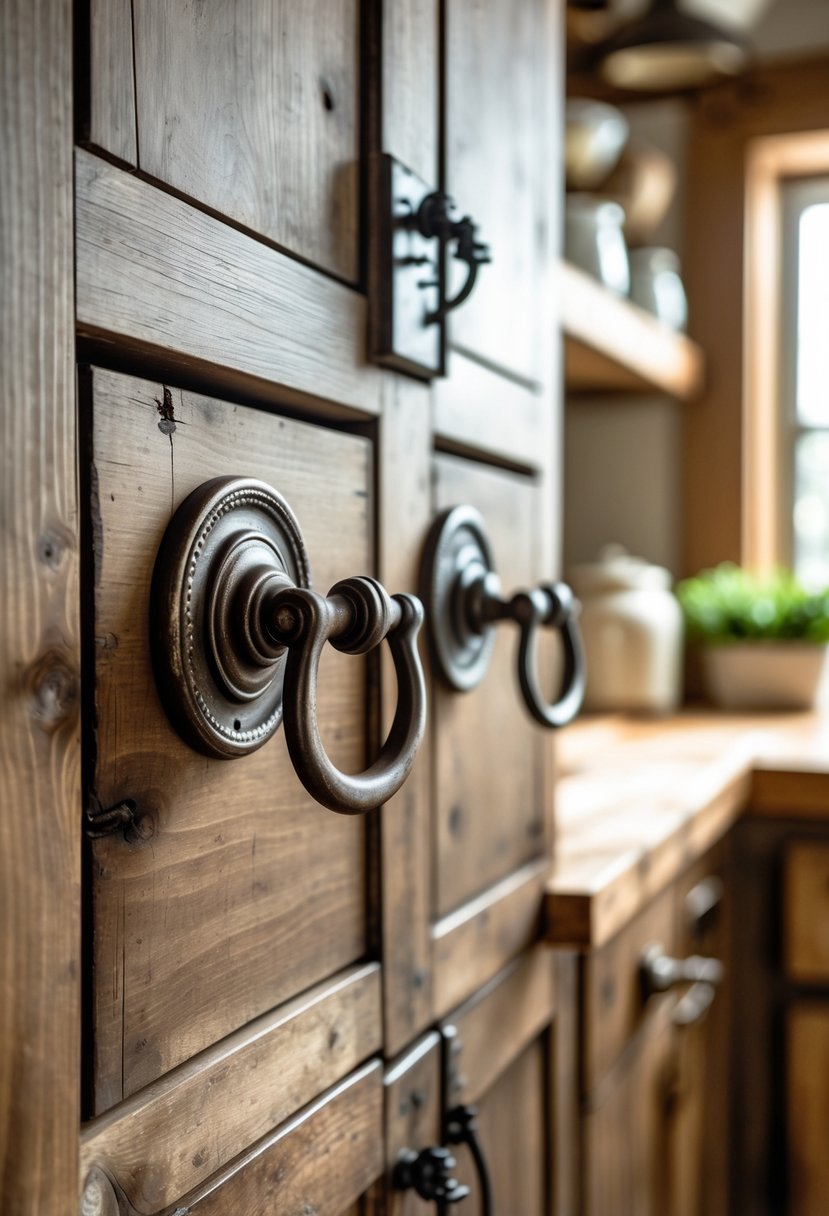 Close-up of antique metal cabinet pulls on wooden kitchen cabinets in a warm kitchen setting.