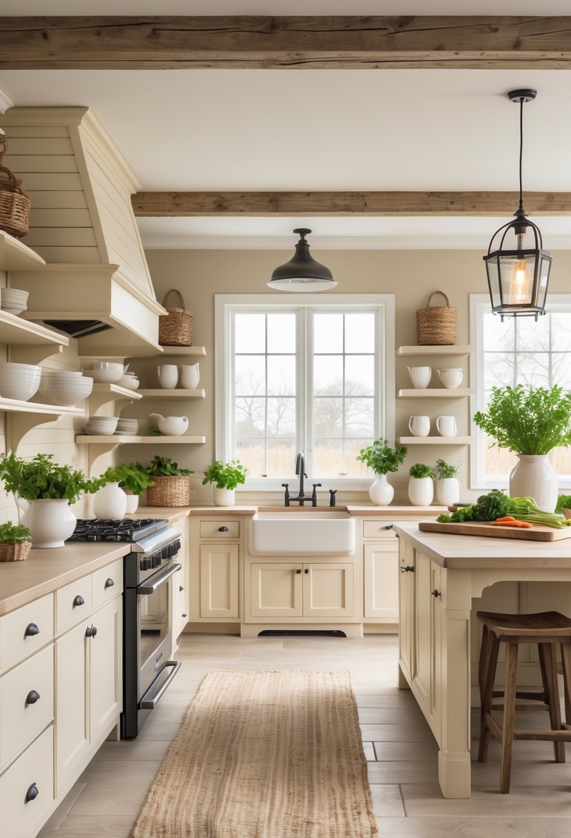 A bright farmhouse kitchen with beige and cream tones, wooden cabinets, a large sink, open shelves, and a central island with bar stools.