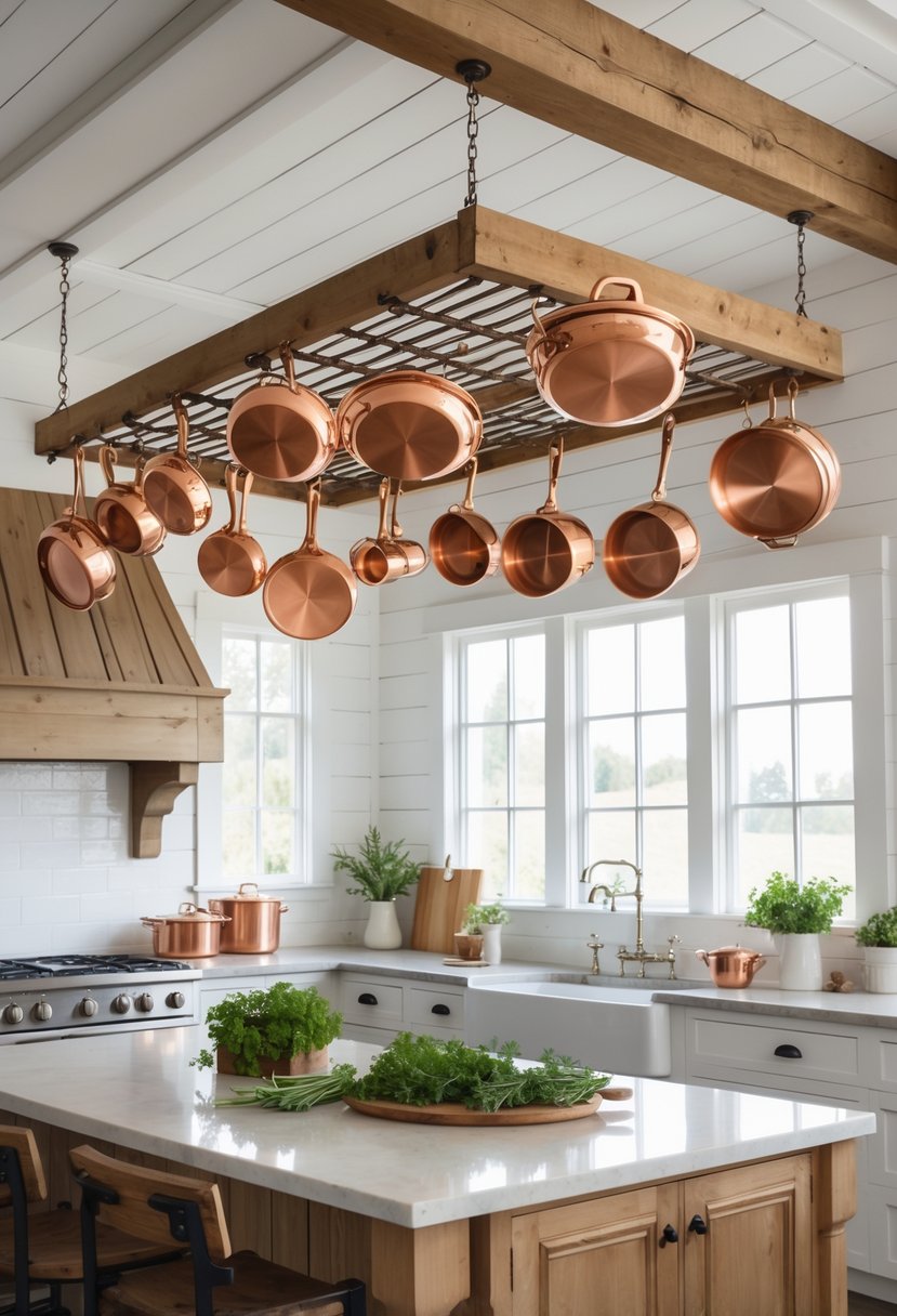 A farmhouse kitchen with open pot racks hanging polished copper cookware above a wooden island and white cabinets.