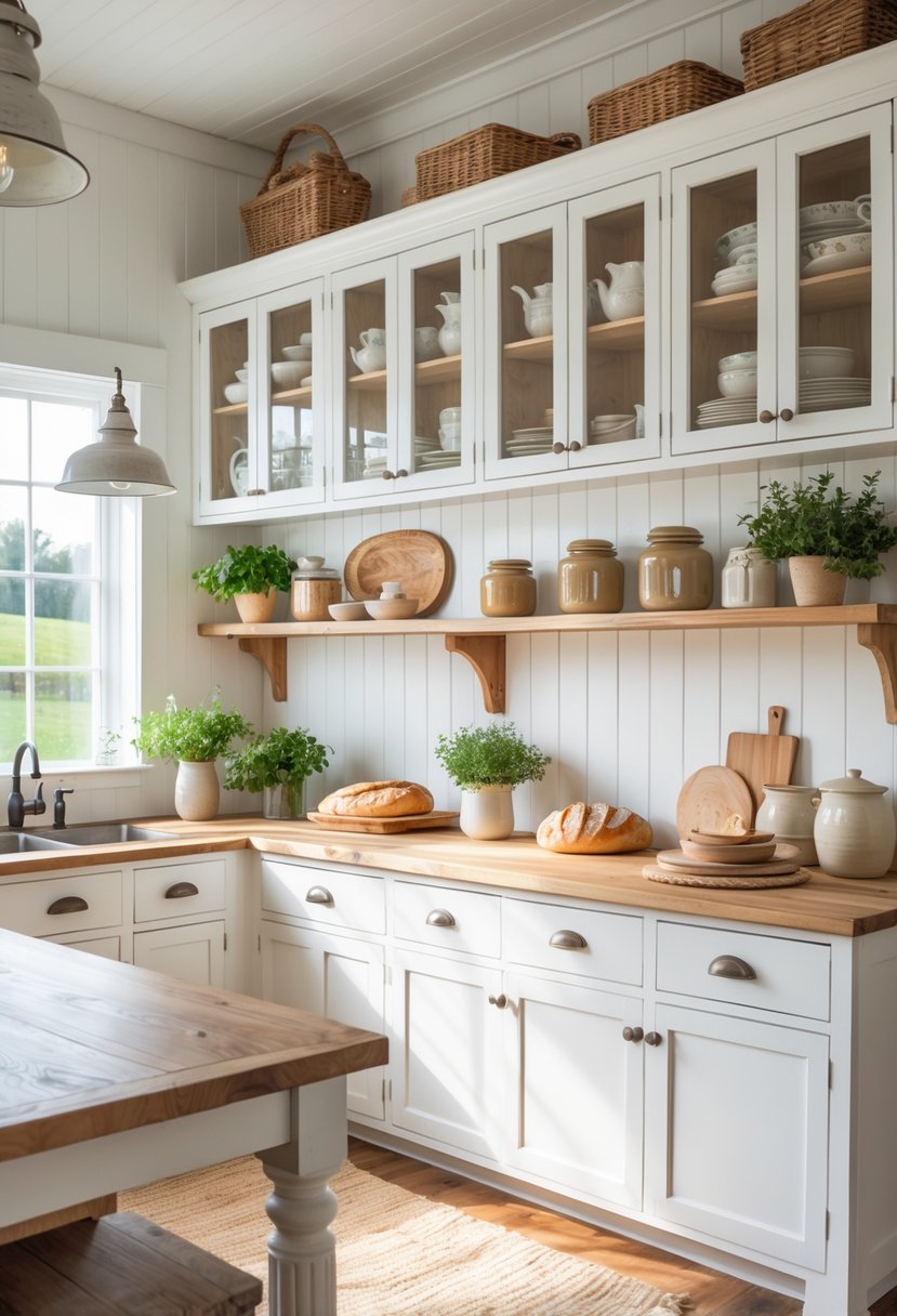 A bright kitchen with a combination of open shelves and closed cabinets, displaying dishes, plants, and kitchen items, with a wooden island and pendant lights.