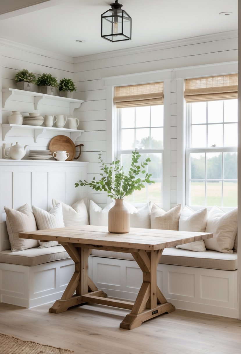 A bright dining nook with built-in bench seating around a wooden table, decorated with cushions and a small vase of greenery.