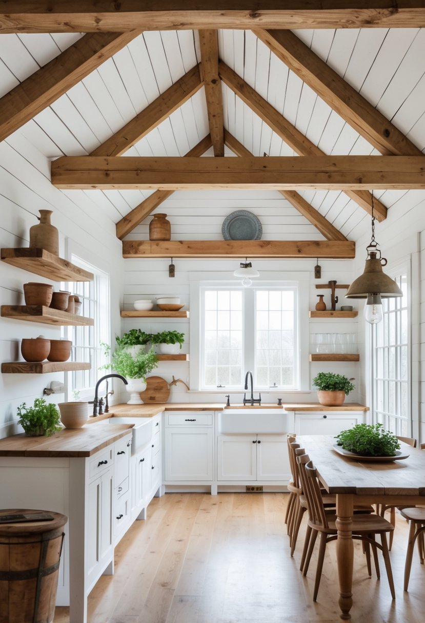 A bright farmhouse kitchen with exposed wooden ceiling rafters, white walls, wooden dining table, and natural light coming through large windows.