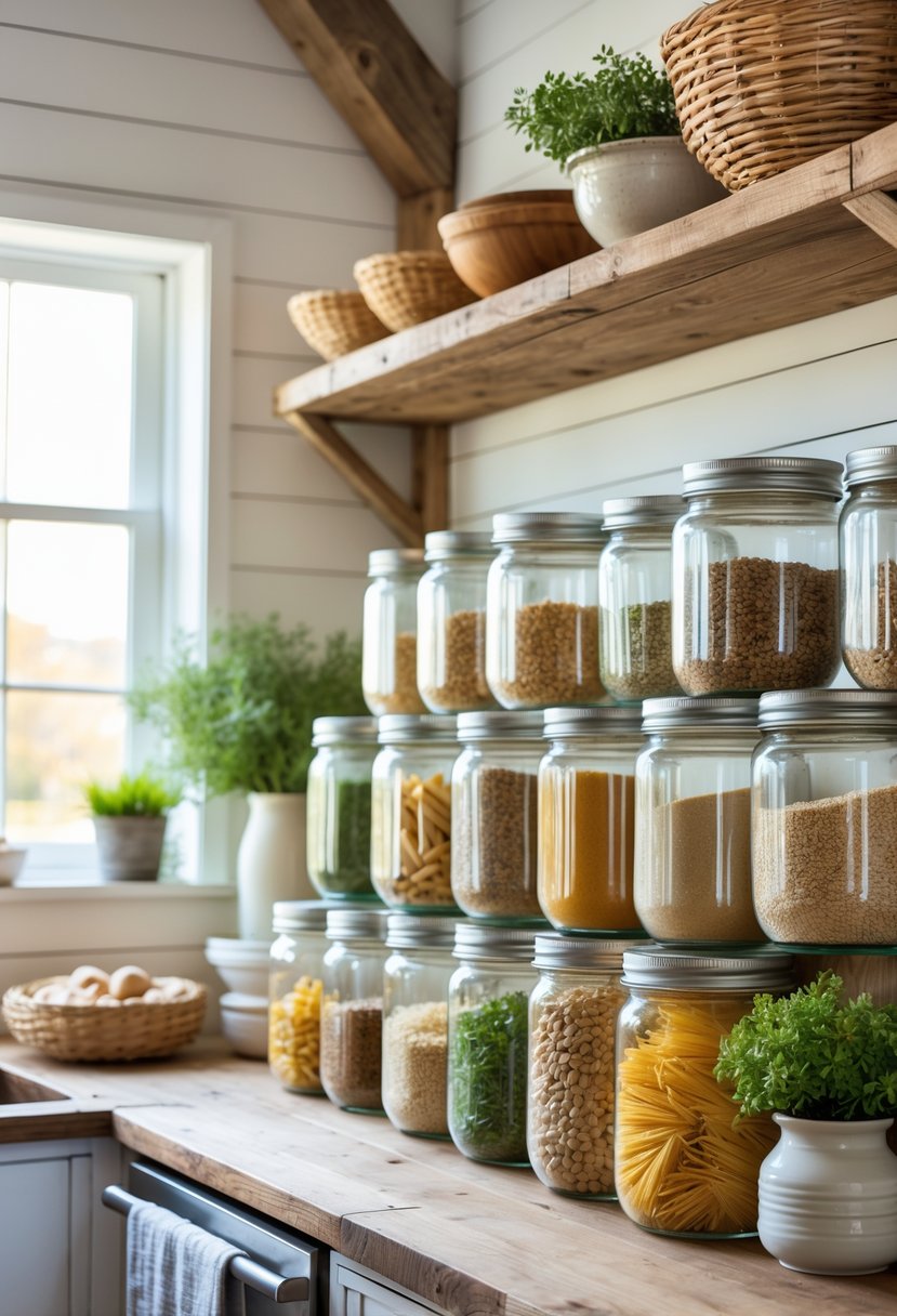 A farmhouse kitchen with Mason jar storage containers filled with dry goods arranged on wooden shelves and countertops.