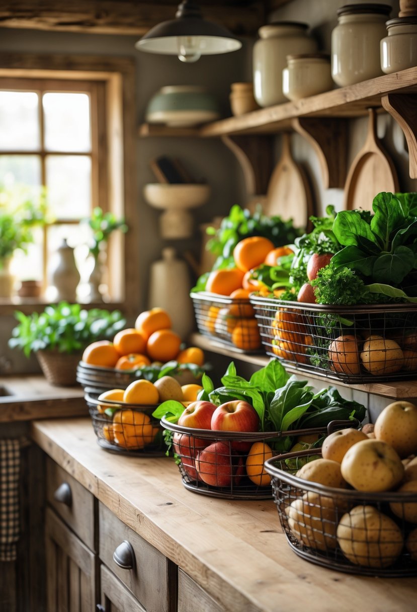 Wire baskets filled with fresh fruits and vegetables on a wooden kitchen countertop with shelves and kitchen items in the background.