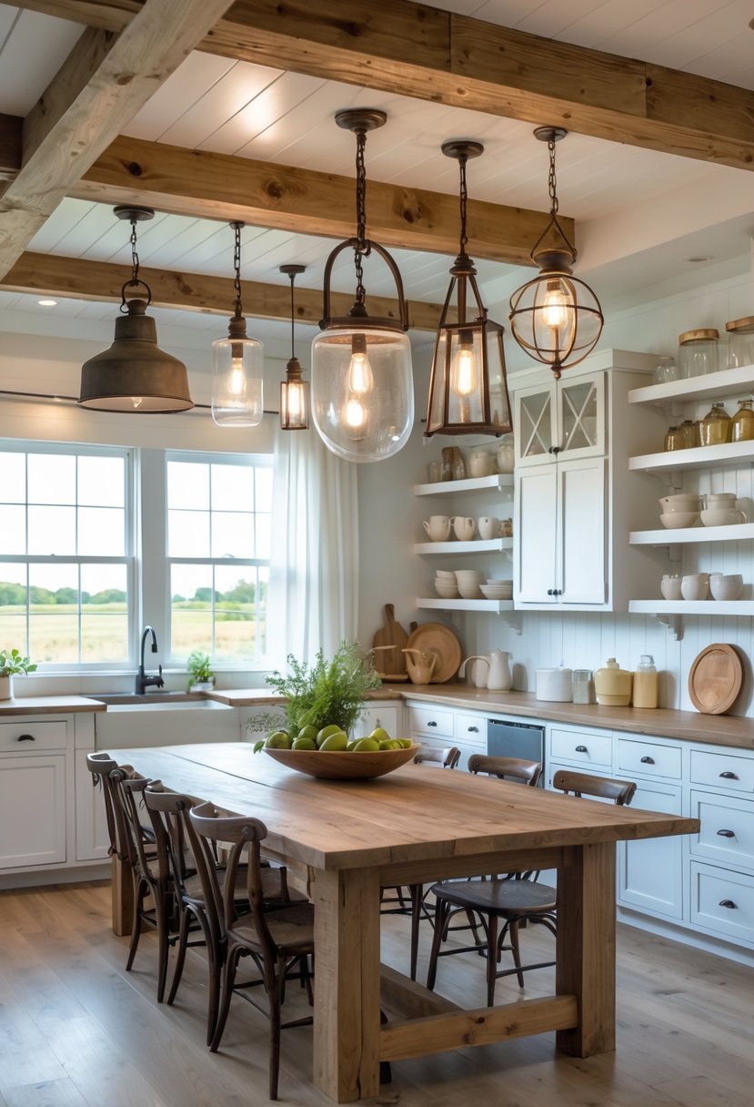 A farmhouse kitchen with a wooden table and various hanging and wall lighting fixtures illuminating the space.