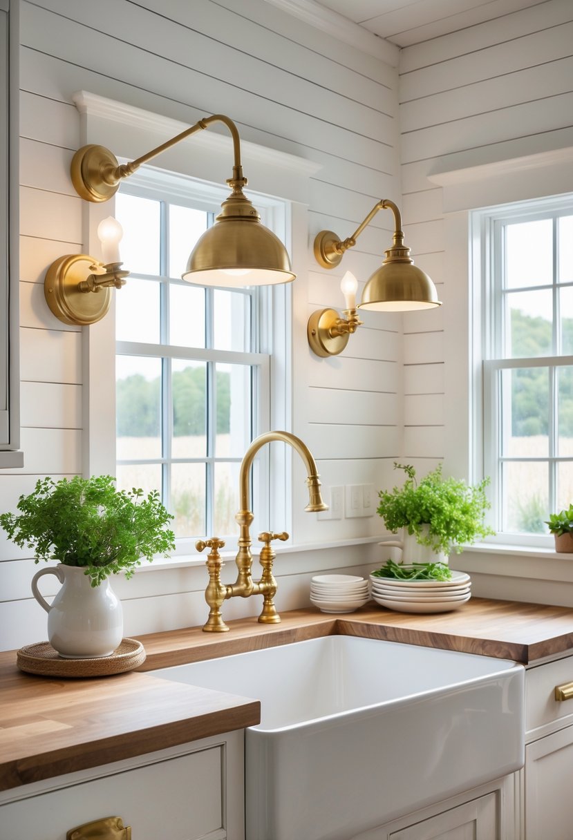A farmhouse kitchen sink area lit by two brass wall sconces with adjustable arms above the sink.