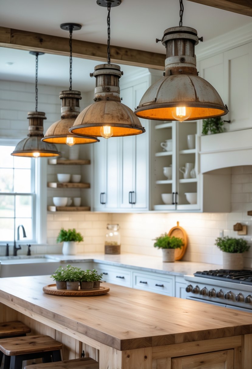 A farmhouse kitchen with a wooden island and several metal pendant lights hanging above it, illuminating the space.