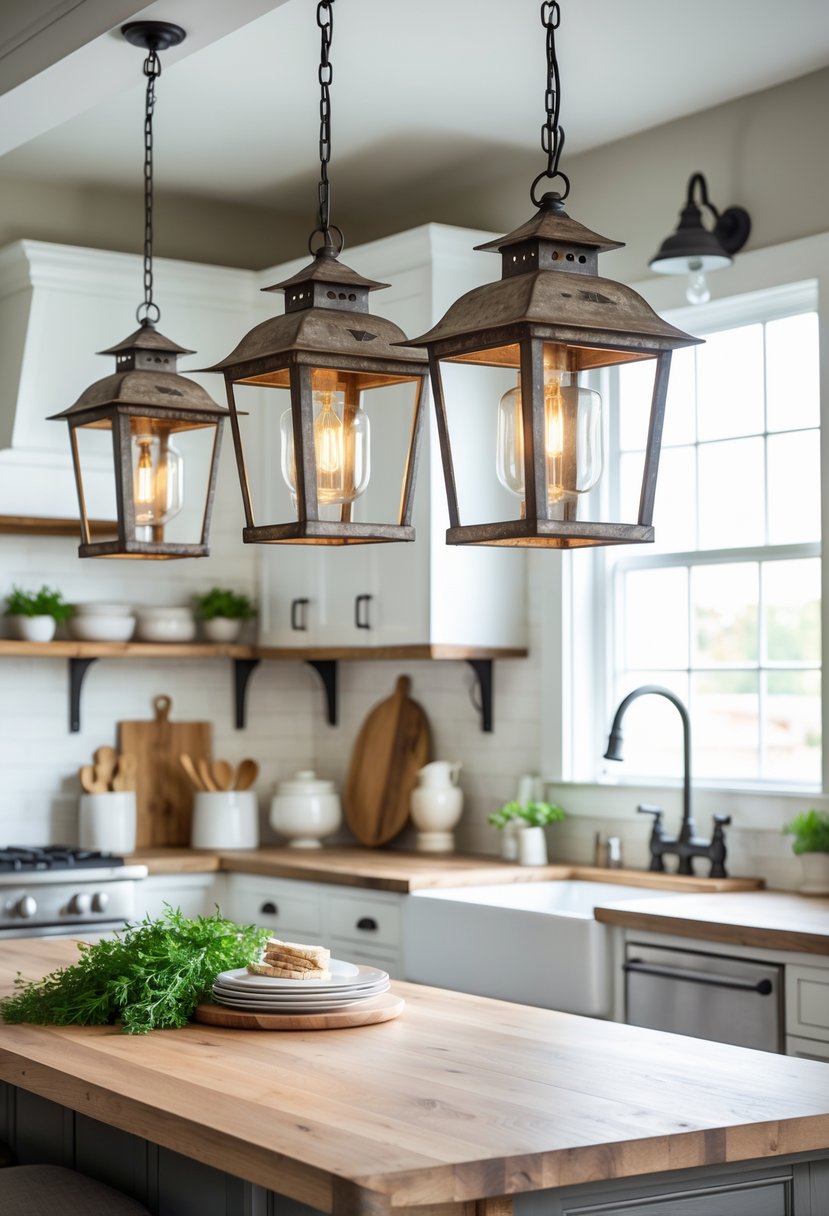 A farmhouse kitchen with a wooden island illuminated by three outdoor lantern-style pendant lights hanging above.