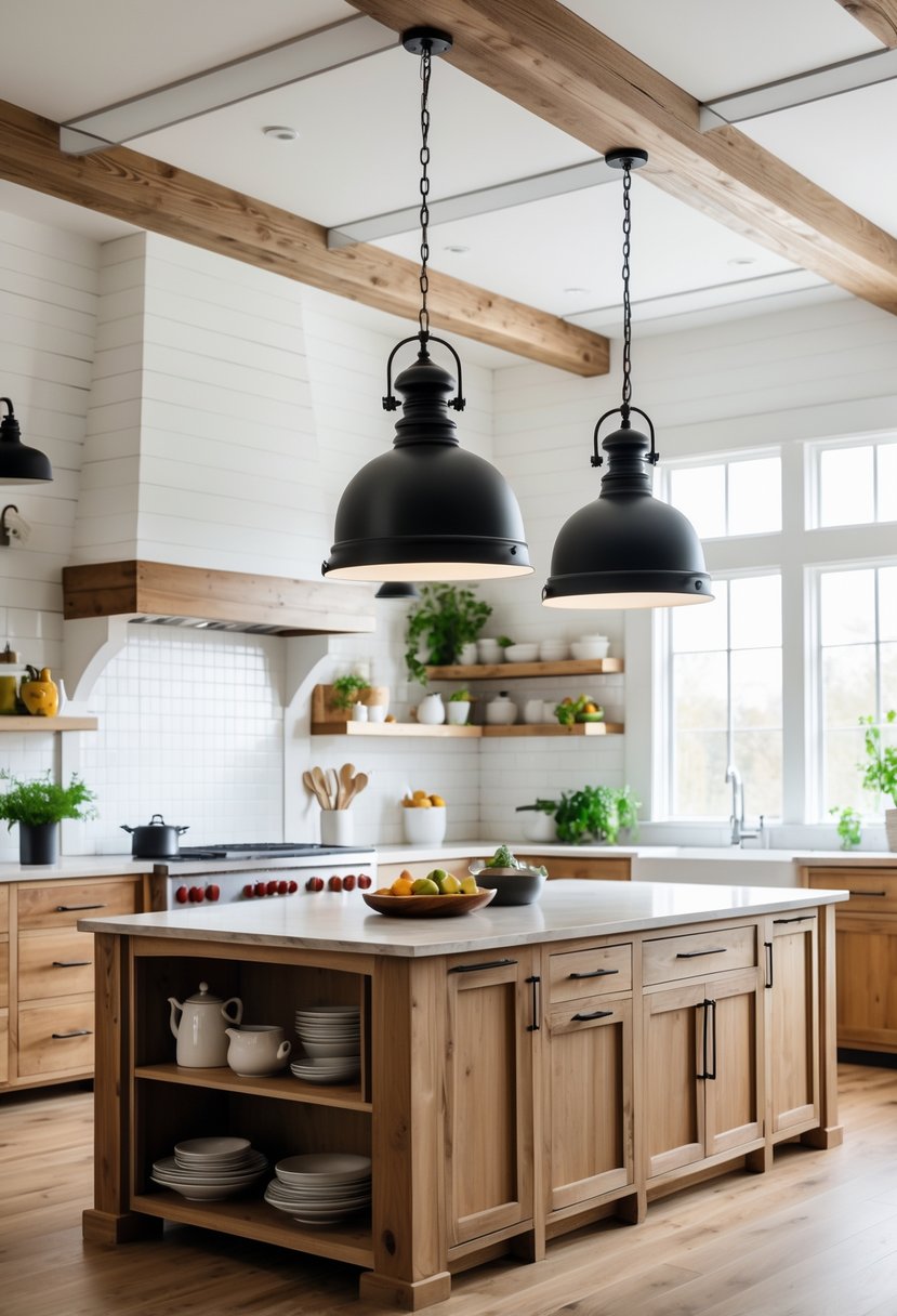A bright farmhouse kitchen with black pendant lights hanging over a wooden island, surrounded by wooden cabinets and large windows.