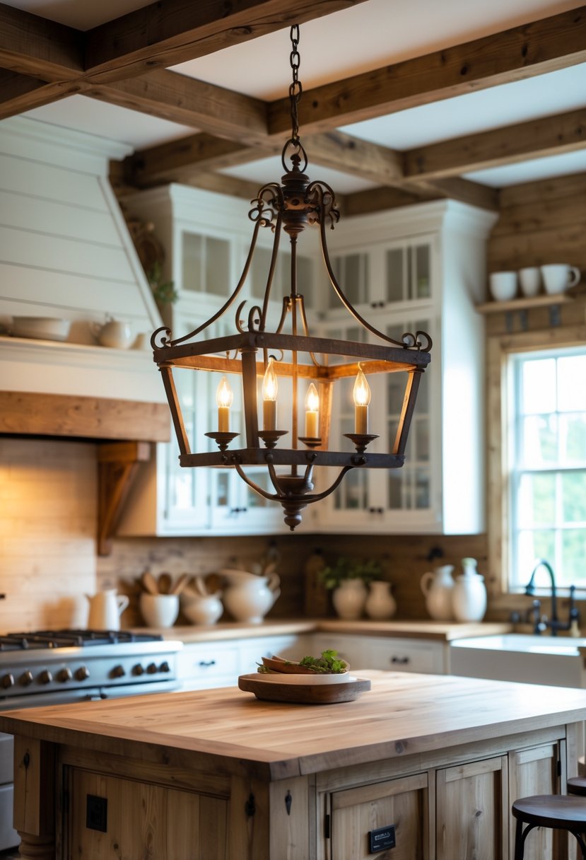 A kitchen with a wooden island and a rustic iron chandelier hanging above it, surrounded by white cabinets and natural light.