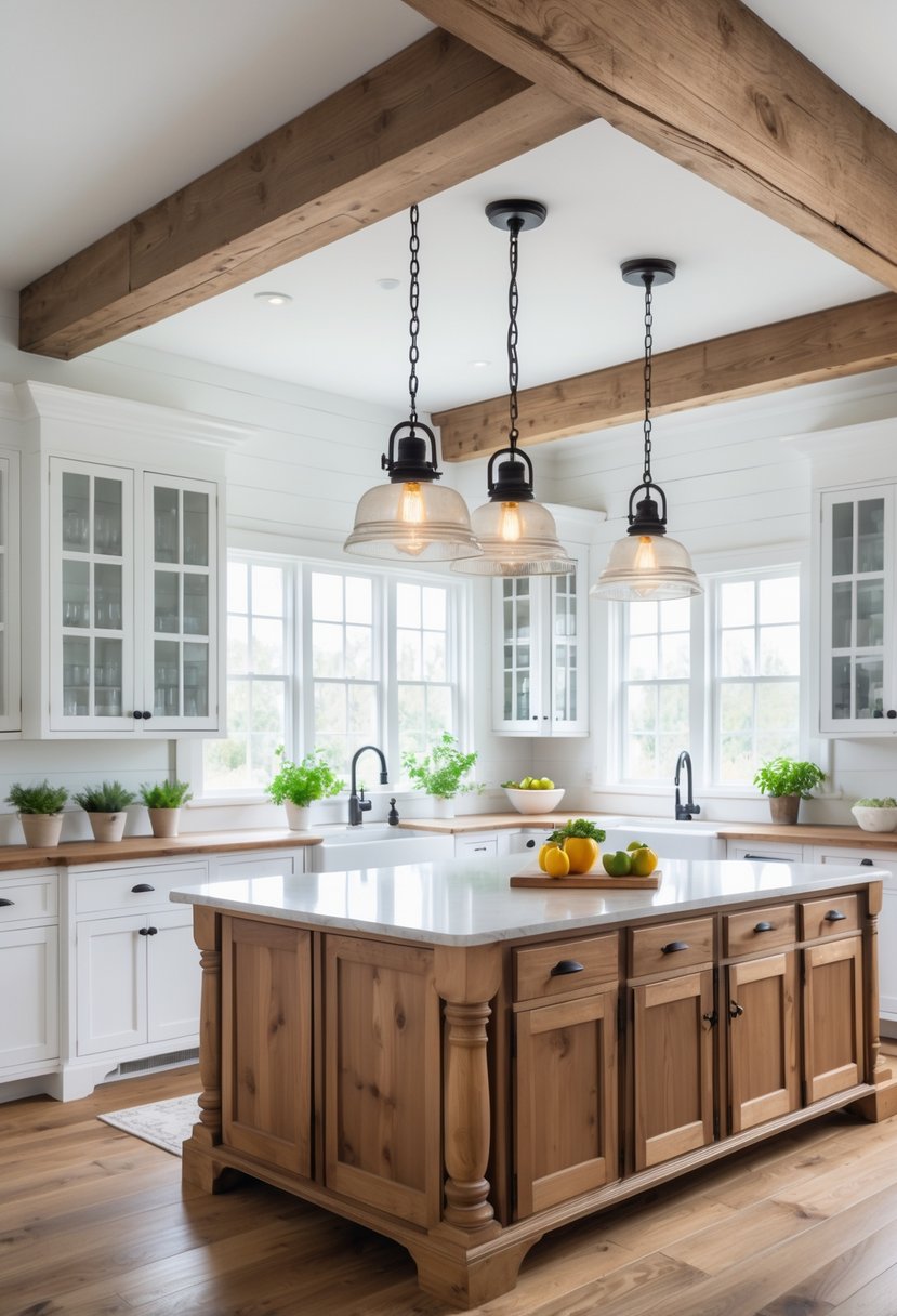 A bright kitchen with wooden island and hanging glass pendant lights above it.