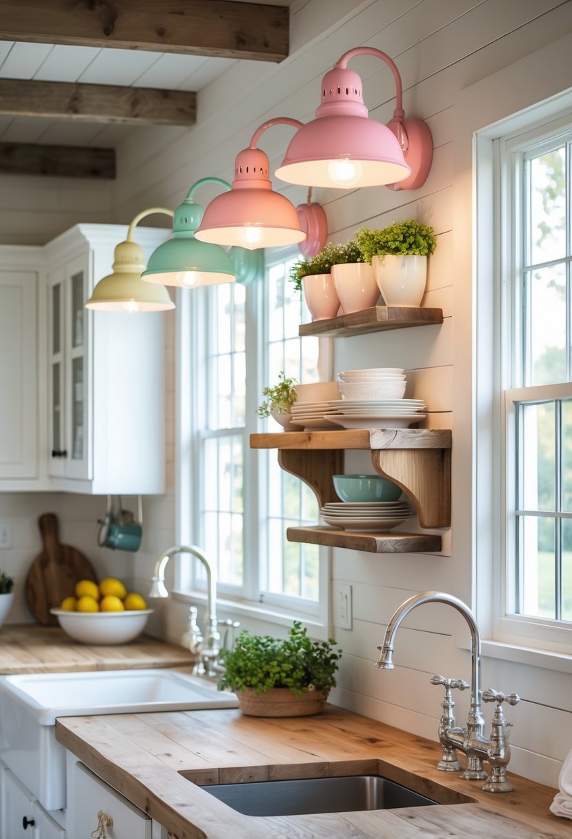 A farmhouse kitchen with wooden countertops, white cabinets, open shelves, and colorful wall-mounted light fixtures.