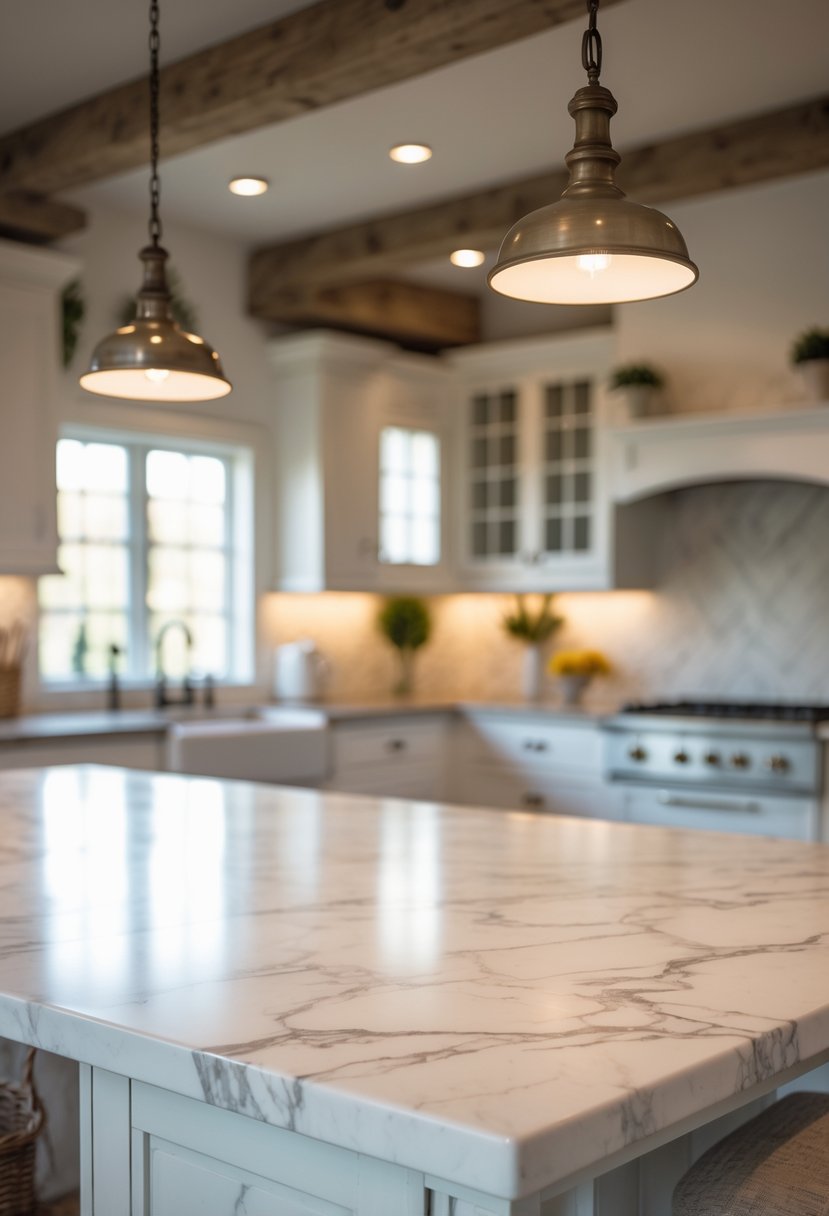 Marbled tabletop illuminated by warm overhead lights in a farmhouse kitchen setting.