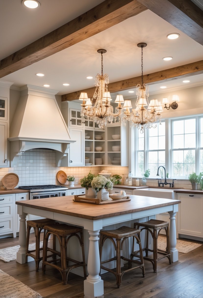 A bright farmhouse kitchen with wooden island, chandeliers, recessed ceiling lights, white cabinets, and large windows letting in natural light.