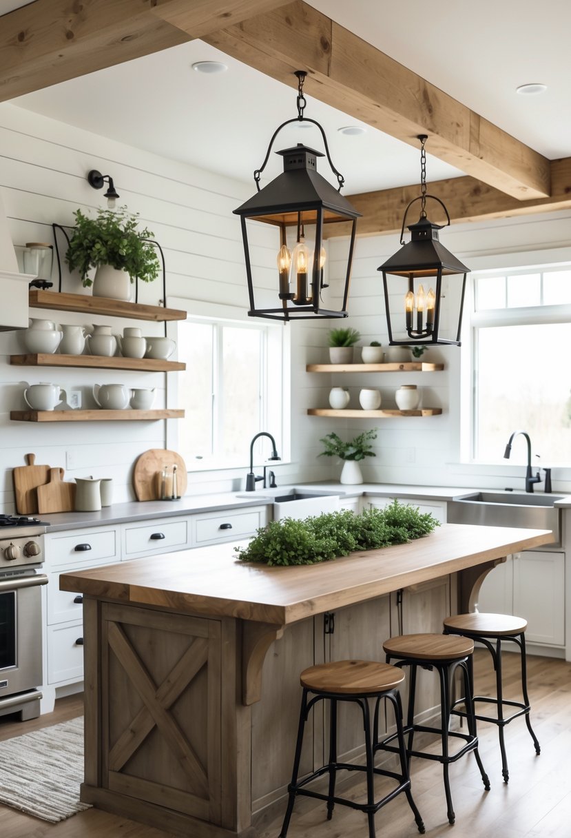 A bright kitchen with wooden beams, a large island, and three lantern-style pendant lights hanging above.