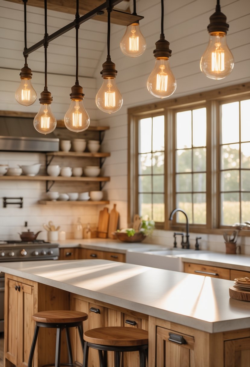 A bright farmhouse kitchen with warm Edison bulb lights hanging above a wooden island, featuring white walls and rustic decor.