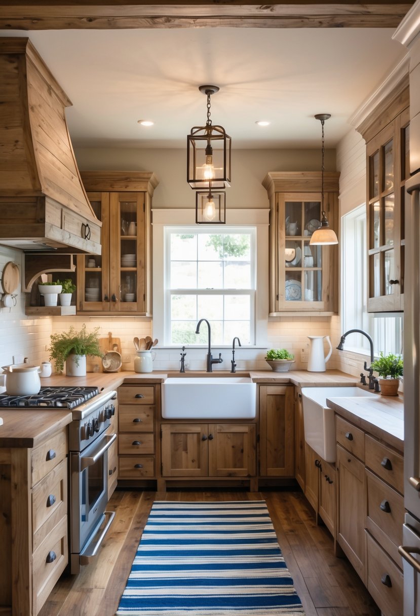 A farmhouse kitchen with a blue striped rug on the floor and warm hanging lights illuminating the space.