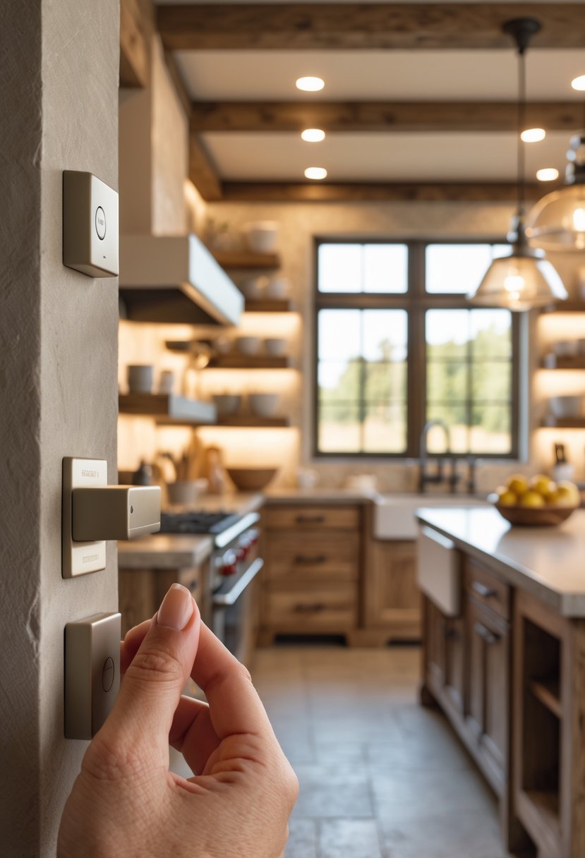 Hand adjusting a dimmer switch in a farmhouse kitchen with warm ambient lighting and rustic wooden cabinets.