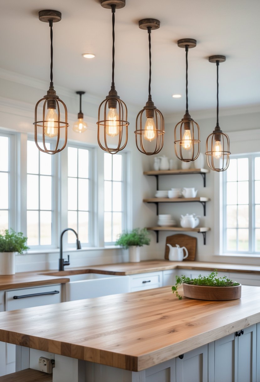 A kitchen with a wooden island and multiple exposed bulb cage pendant lights hanging above it, with windows and kitchen shelves in the background.