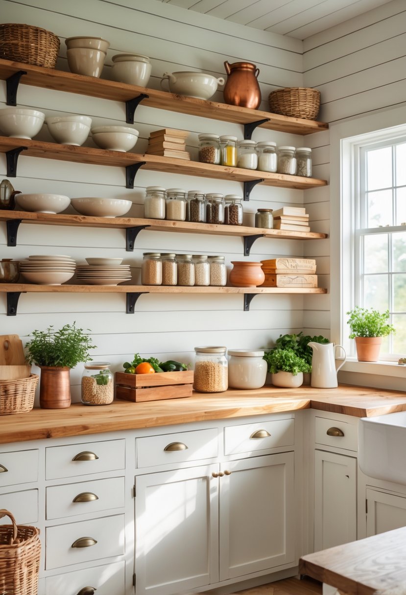 A farmhouse kitchen wall with thirteen wooden shelves holding kitchenware, jars, plants, and cookbooks above a wooden countertop.